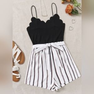 SHEIN Striped Scallop Trim Belted Cami Combo Romper size 6 new without tags